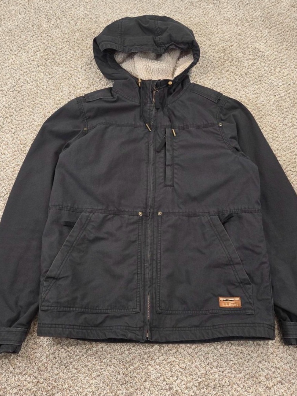 L.L. Bean Hooded Black Canvas Jacket with Sherpa Lining